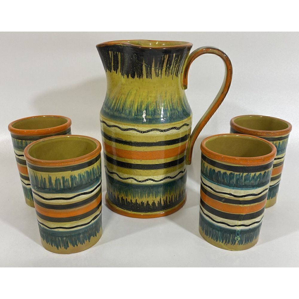 Vintage Italian Art Pottery Midcentury 60s Pitcher Cup Set Striped